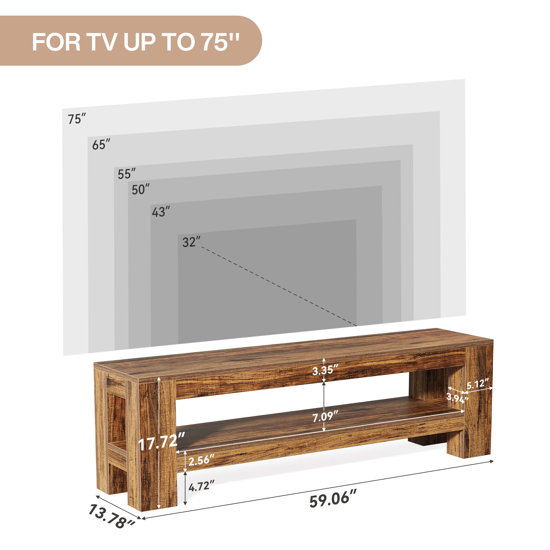 Tribesigns Supporto TV da 59 pollici per TV da 55/60/65/75 pollici, console TV multimediale rustica