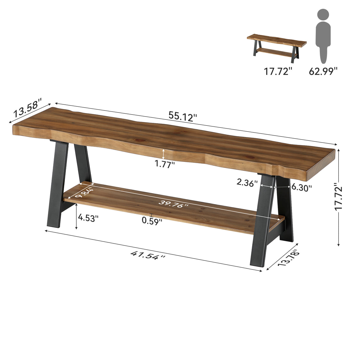 Panca Portascarpe in Legno Massello con Bordo Vivo e 2 Ripiani, 160 cm, per Ingresso