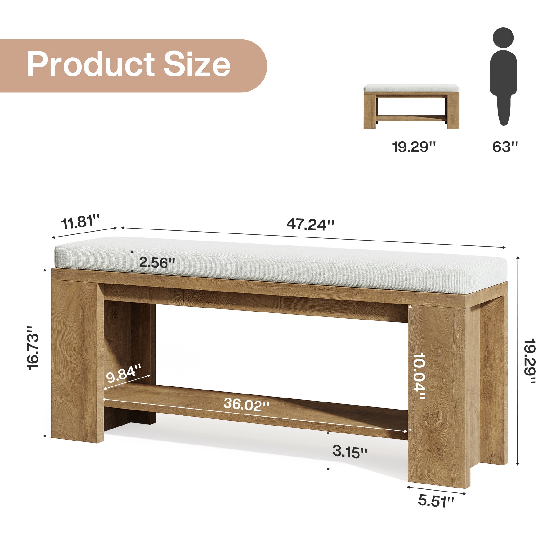 Tribesigns Panca imbottita per ingresso, lunga 119 cm, in stile rustico, con seduta imbottita