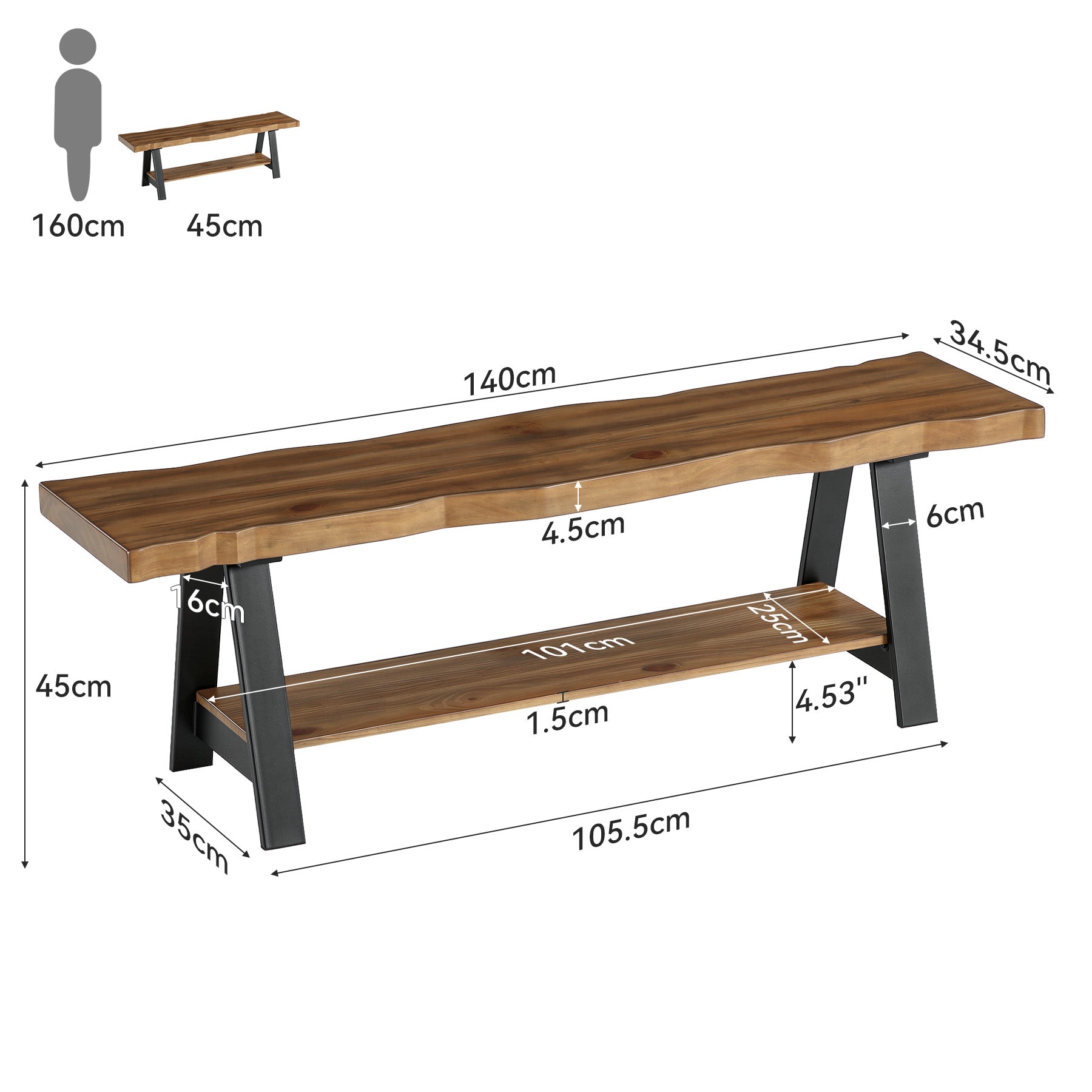 Panca da Pranzo in Legno Massello con Bordo Vivo e Struttura in Metallo, 140 cm
