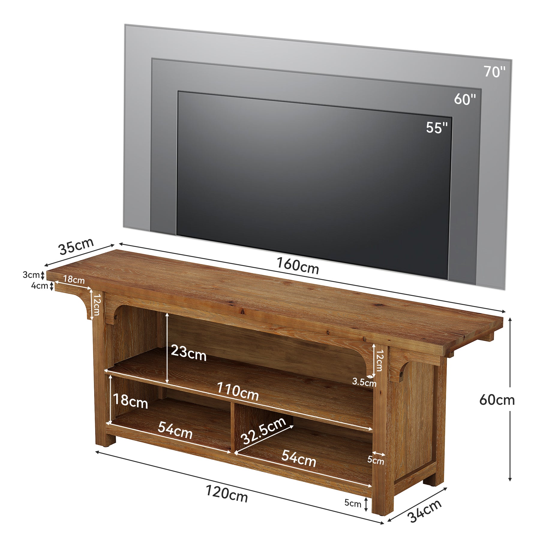 Tribesigns Mobile porta TV basso in legno massello, 160 cm, consolle multimediale per TV da 55 a 70 pollici con 3 vani a giorno