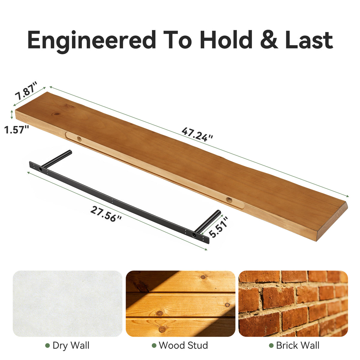 Set 3 Mensole Sospese in Legno Massello con Bordo Vivo, 120 cm, per Soggiorno e Ufficio