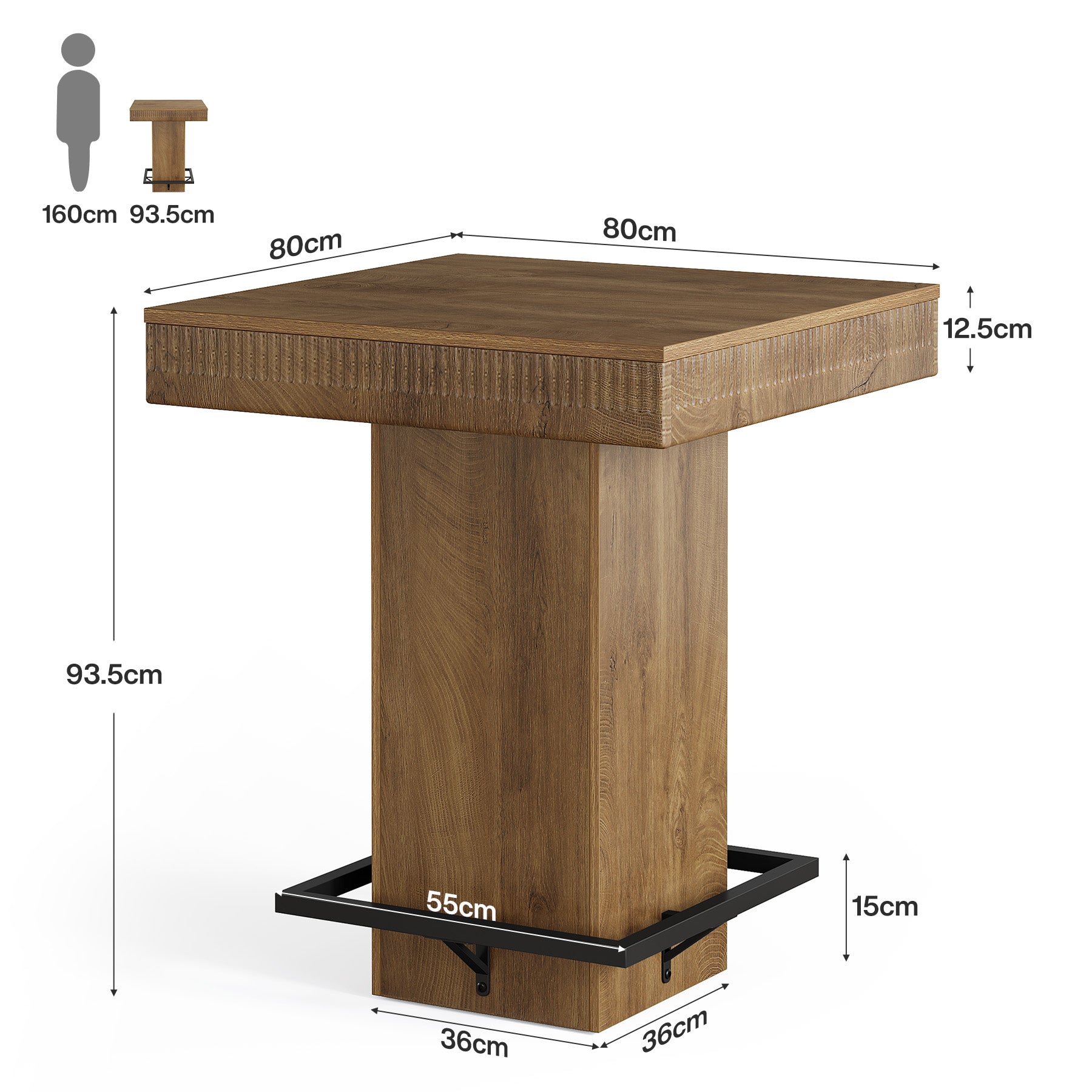 Tribesigns Tavolo da bar alto 95 cm, tavolo quadrato da bistrot in legno con poggiapiedi