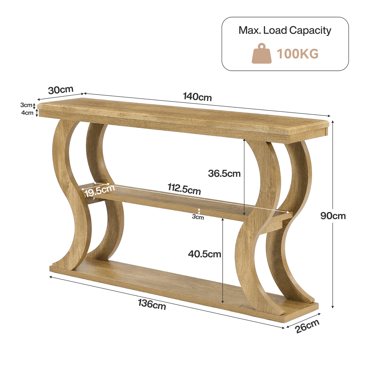Consolle Country a 3 Ripiani con Gambe a Onda, 140 cm, per Ingresso