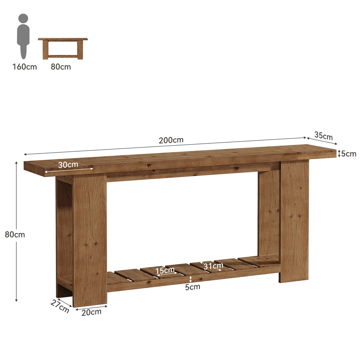 Consolle Country in Legno Massello a 2 Ripiani, 200 cm, per Ingresso e Soggiorno
