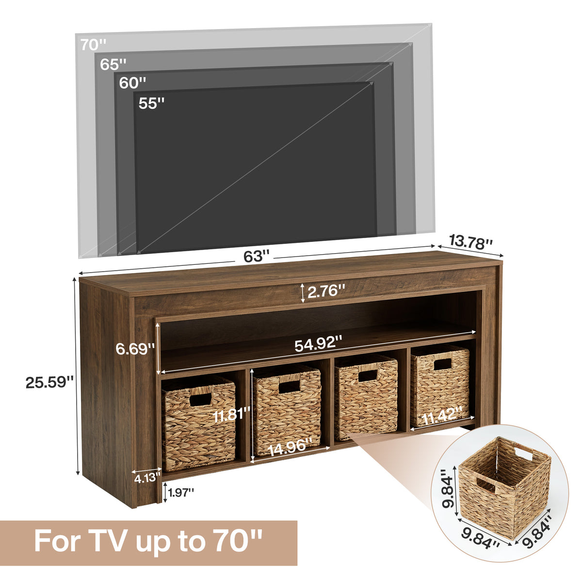 Mobile TV Country con Ceste e Ripiani Aperti, 160 cm, per TV fino a 70"