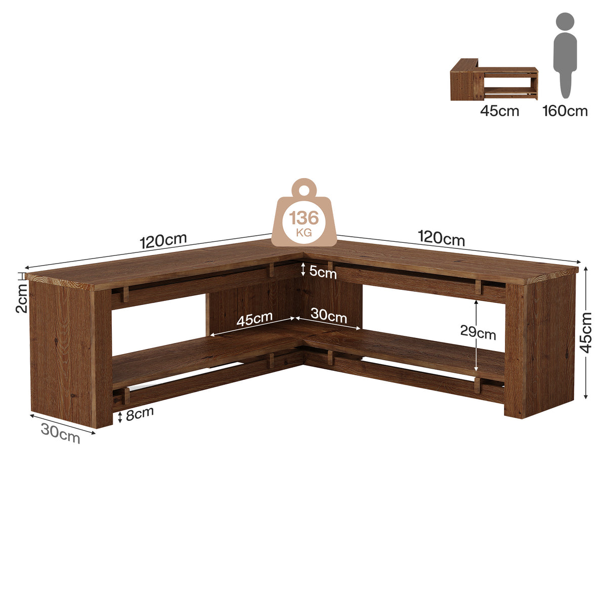 Panca Angolare a L Rustica in Legno Massello con Ripiano, 120 cm, per Cucina