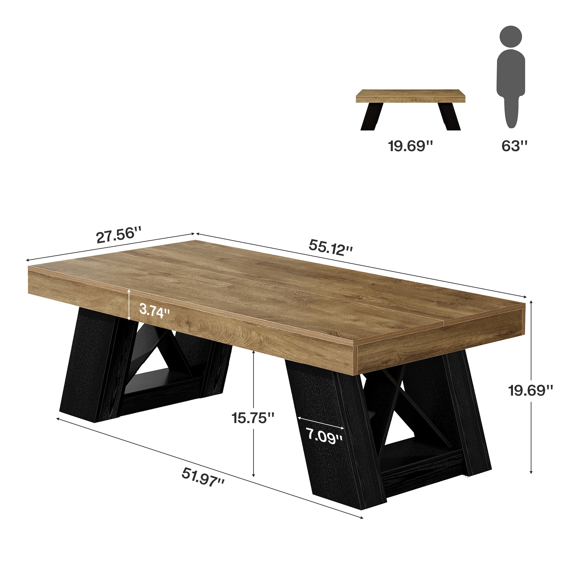 Tribesigns Tavolino da caffè in stile rustico da 140 cm, tavolino centrale con piano spesso per soggiorno