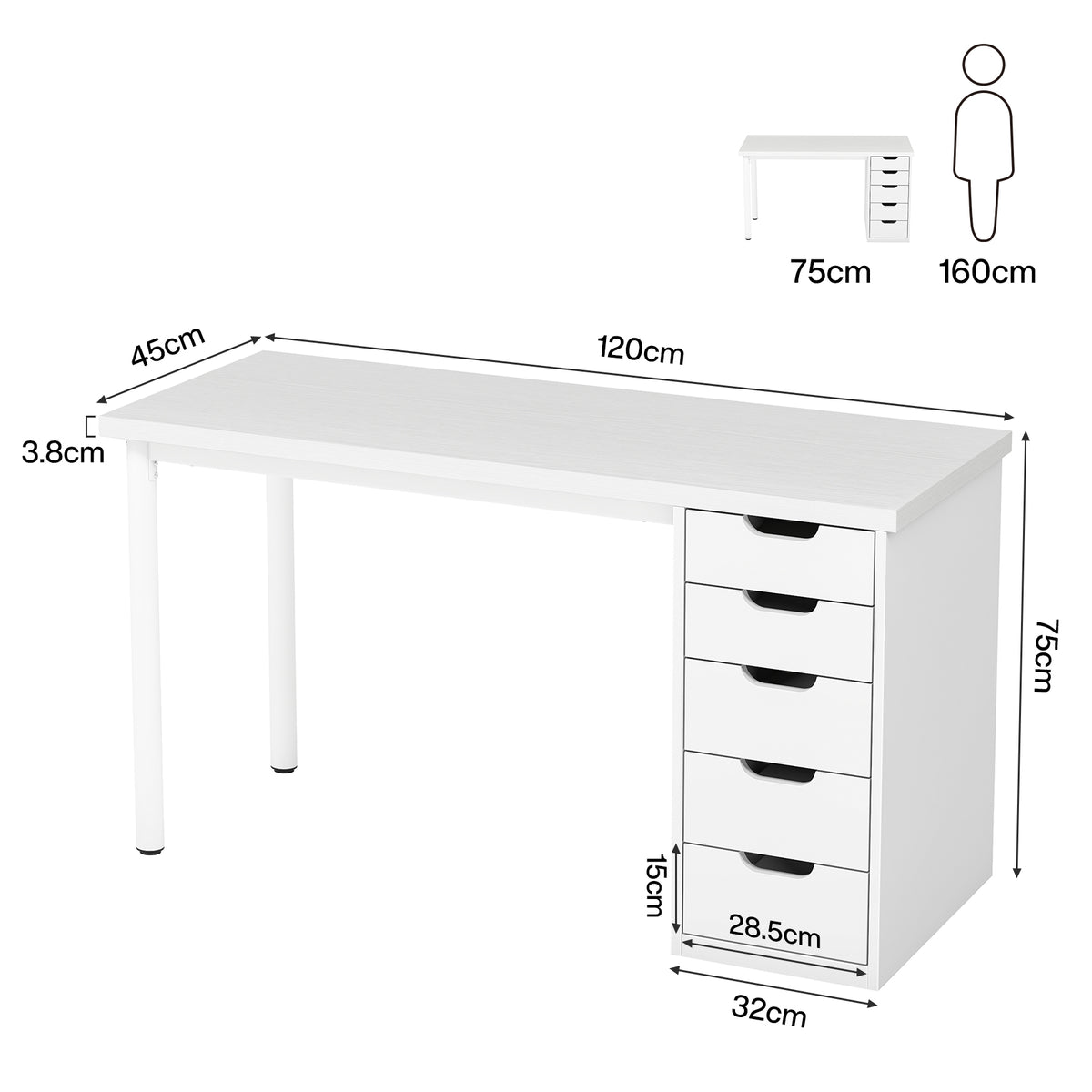 Scrivania Compatta con 5 Cassetti, 120 cm, per Ufficio