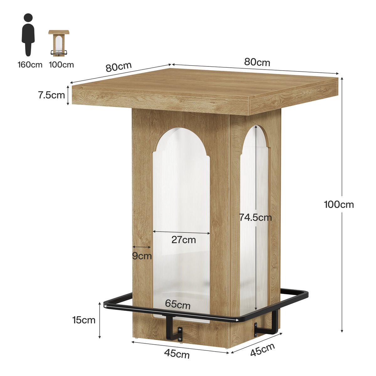 Tavolo da Bar Quadrato Industriale con Luci e Poggiapiedi, 80 cm, per Cucina