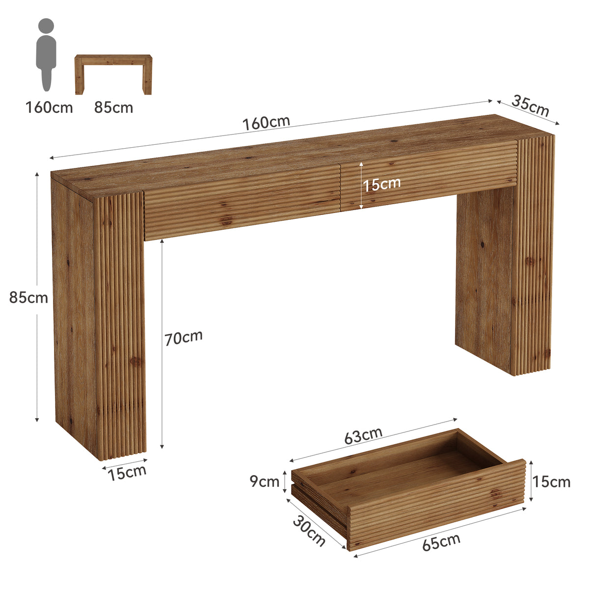 Consolle Country in Legno Massello con 2 Cassetti e Scanalature, 160 cm, per Ingresso