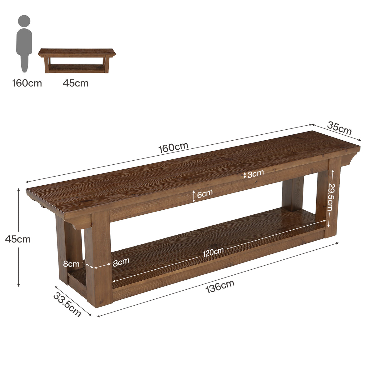 Panca Country in Legno Massello a 2 Ripiani Portascarpe, 160 cm, per Ingresso
